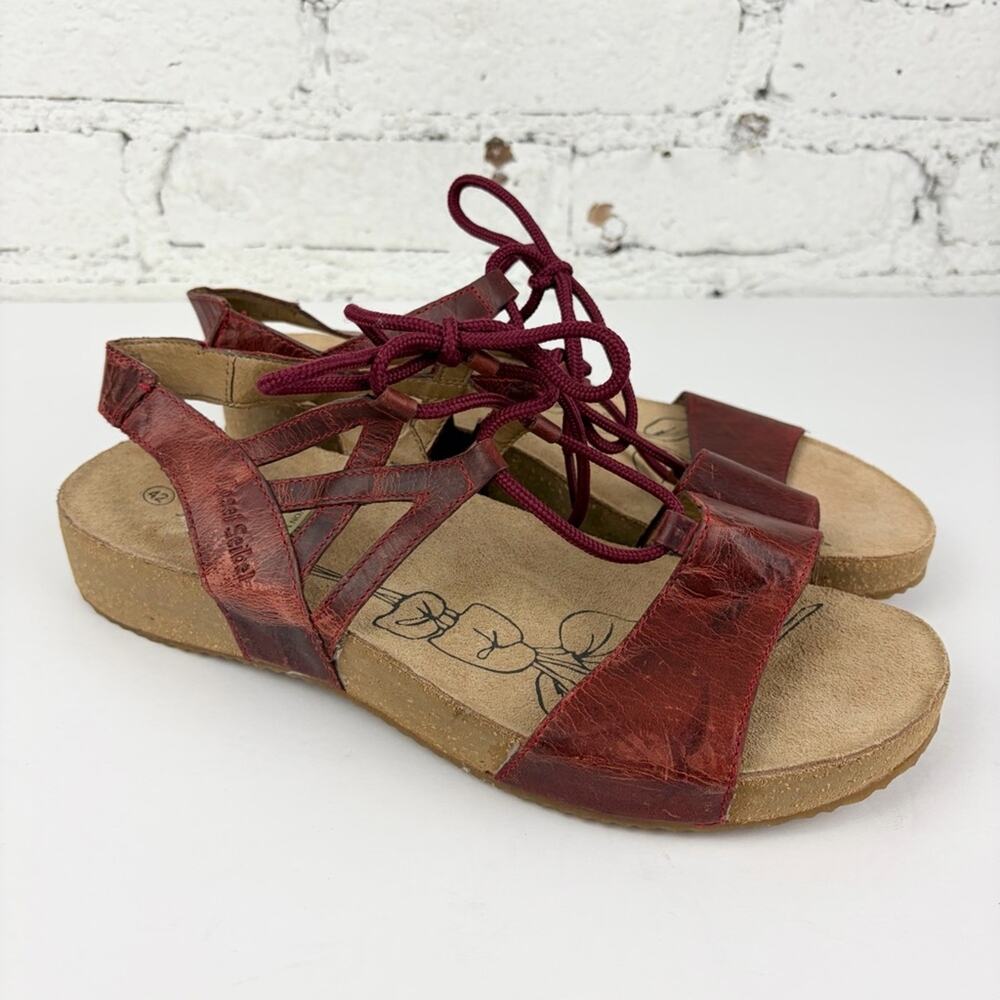 Josef Seibel Tonga Red Burgundy Lace Up Laced Distressed Leather Sandals 42